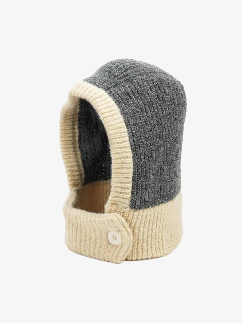 Chunky Knit Color-Block Balaclava with Button Closure