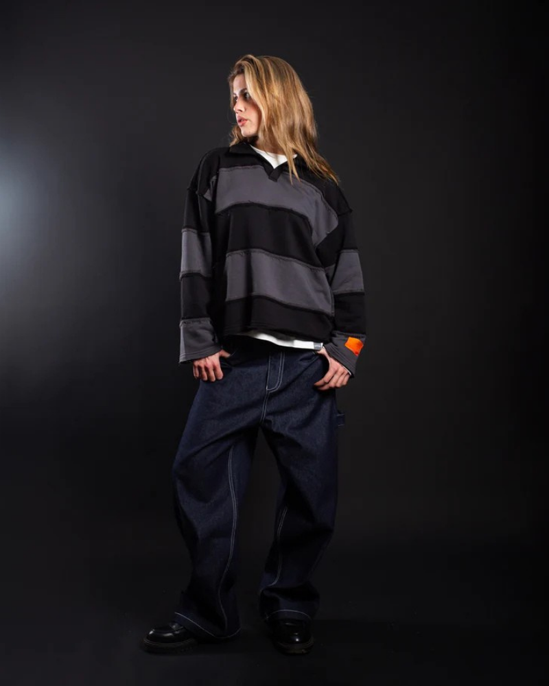 Black and Gray Striped Distressed Short-Sleeve Polo Shirt