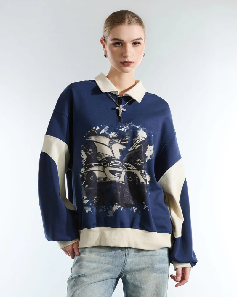 Navy Blue Quarter-Zip Sweatshirt with Collared Neckline and Car Graphic
