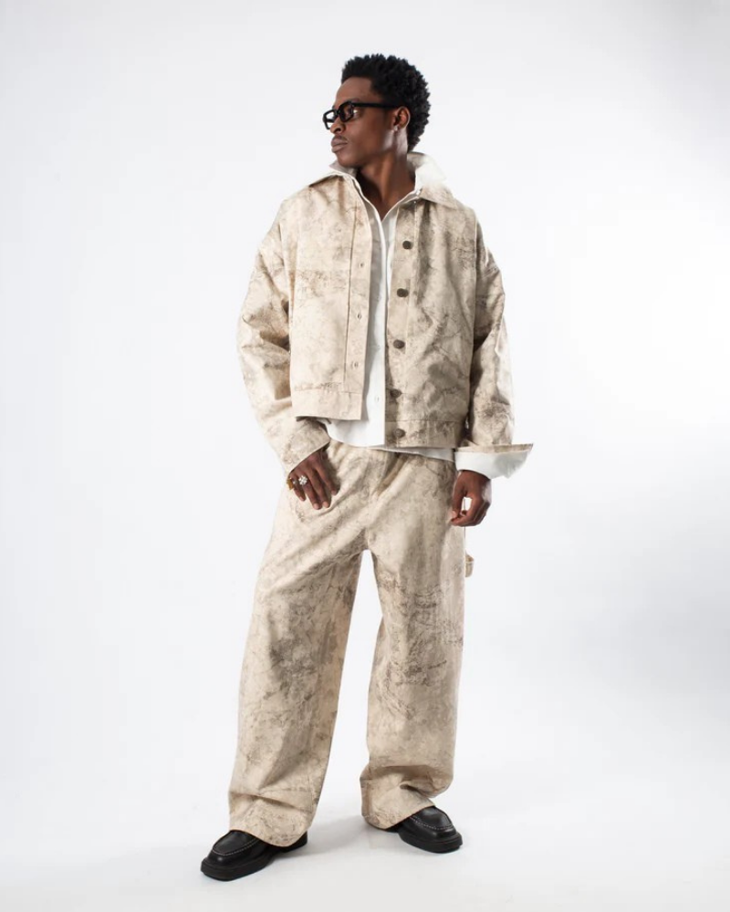 Unisex Sand Moss Camouflage Patterned Jacket with Full Button Front