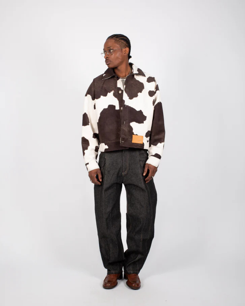 Cow Print Trucker Jacket with Textured Finish and Metal Hardware