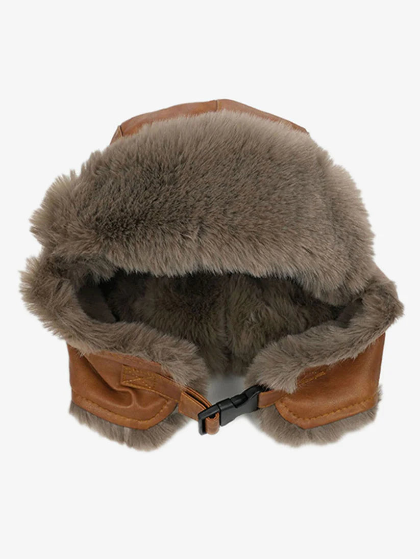 Brown Distressed Leather Trapper Hat with Plush Faux Fur Lining