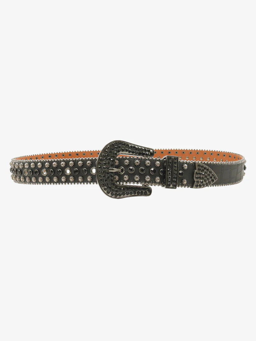 Black Croc-Embossed Belt with Black Rhinestones and Western Buckle
