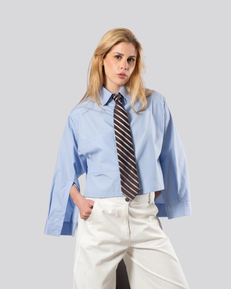 Women's Cropped Poplin Shirt - Long Sleeve Cotton - Baby Blue