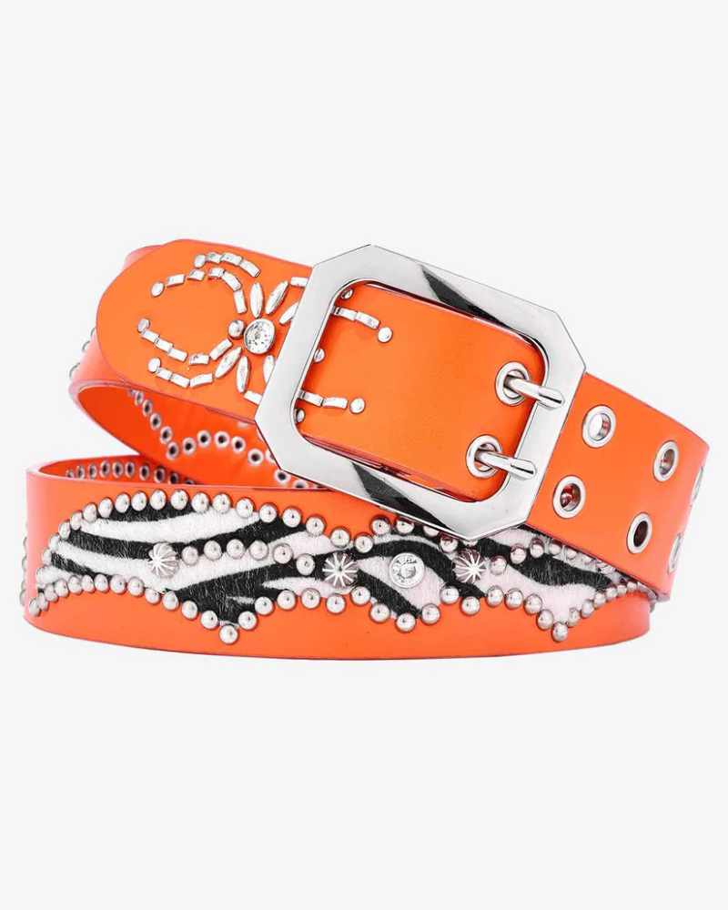 Orange Wide Belt with Zebra Print Panels and Crystal Spider Studs