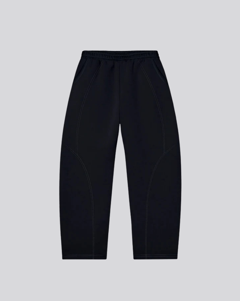 Black Relaxed-Fit Trousers with Curved Contrast Piping and Elastic Waist