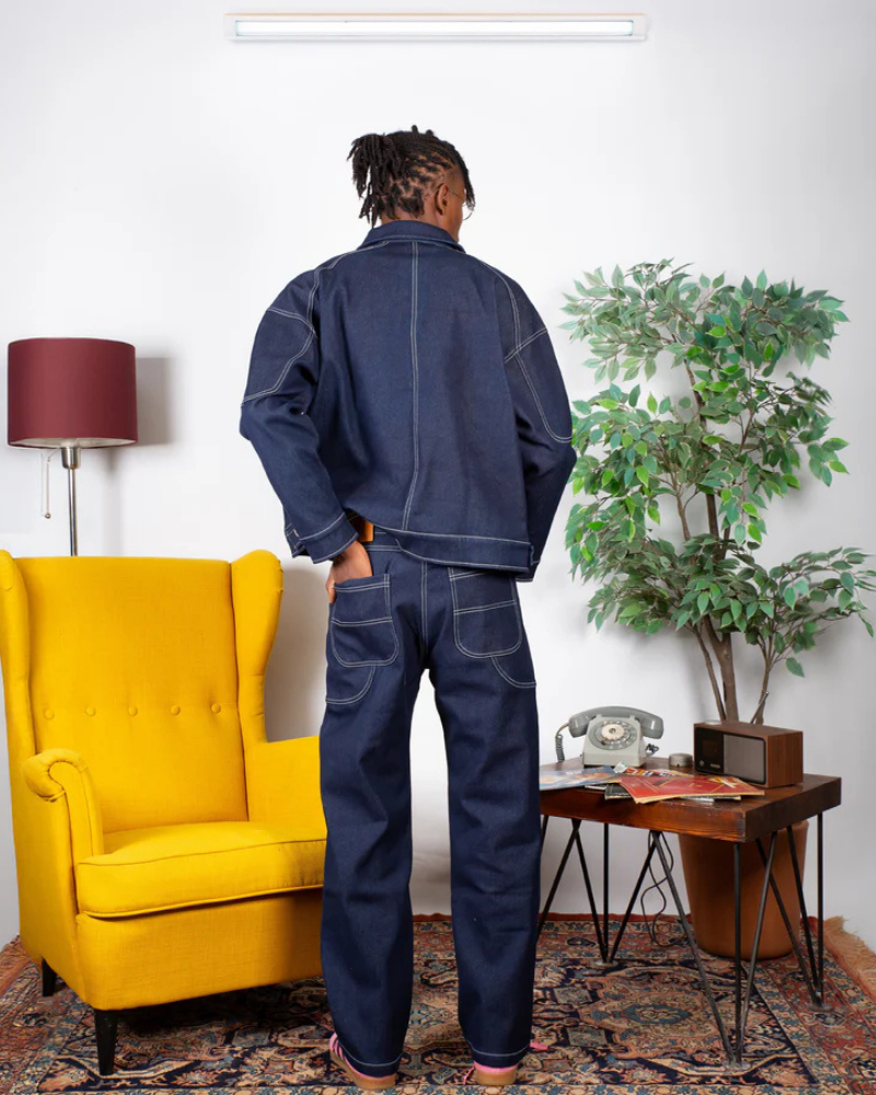 Heavyweight Dark Blue Denim Wide Leg Pants with Contrast Stitching and Zipper Pockets