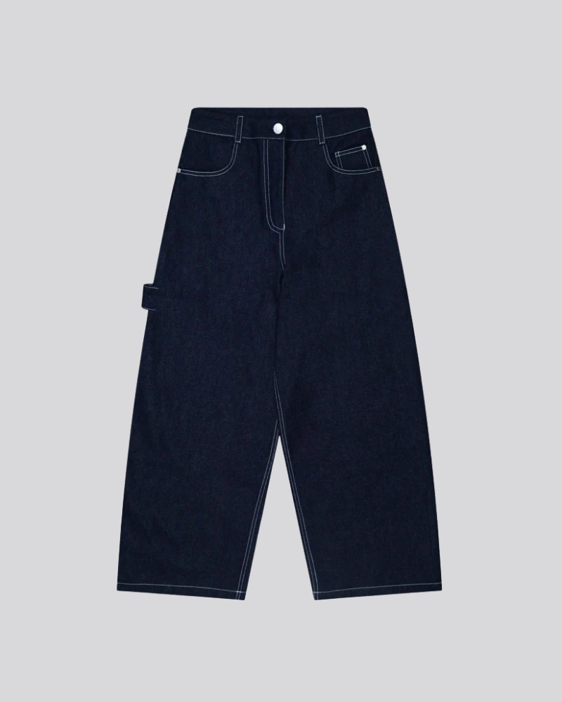 Wide-Leg Raw Denim Carpenter Pants - Dark Blue with Contrast Stitching