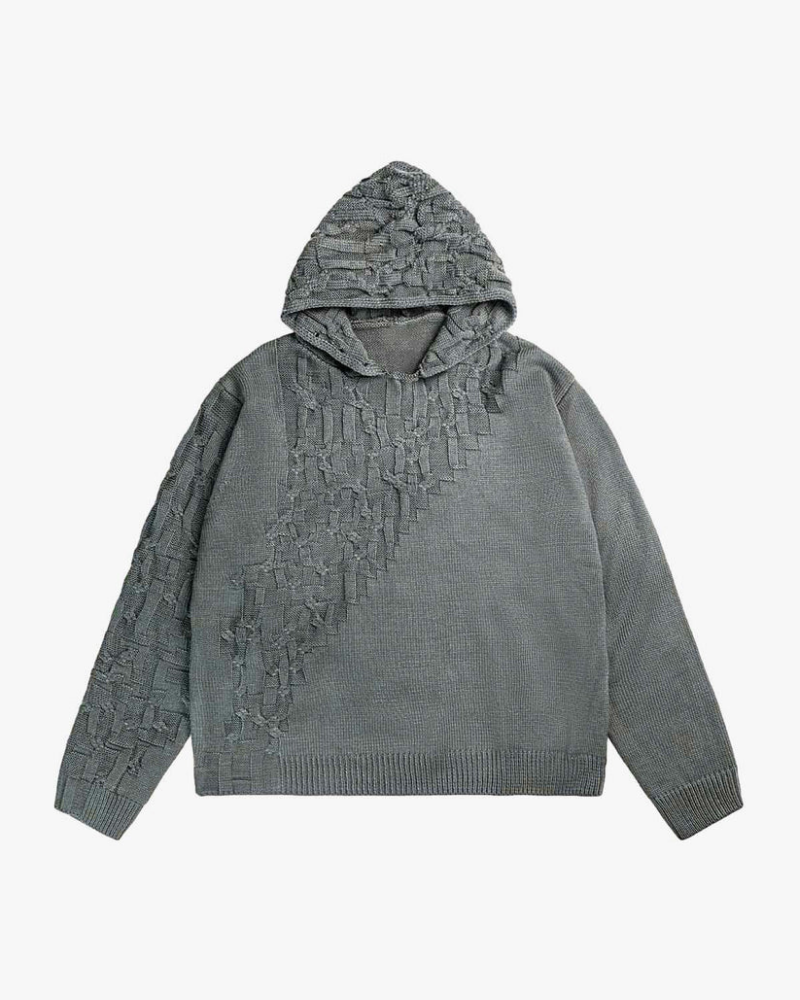Grey Asymmetric Irregular Knit Hooded Sweater with Button Placket