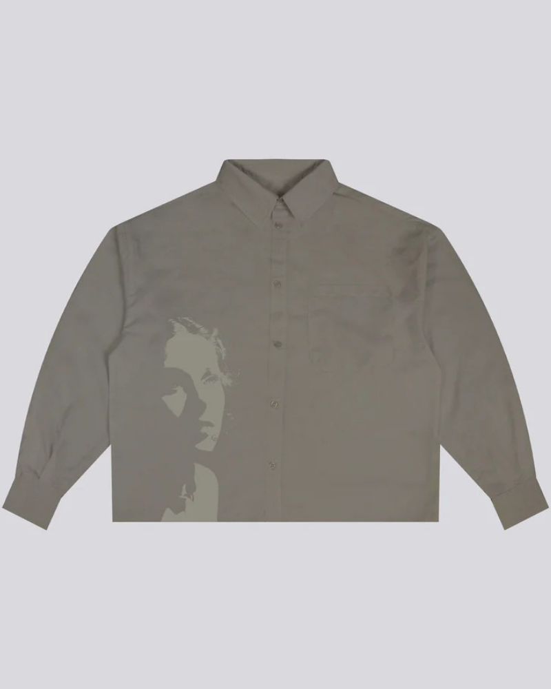 Oversized Long Sleeve Button-Up Shirt with Tonal Graphic Print - Taupe