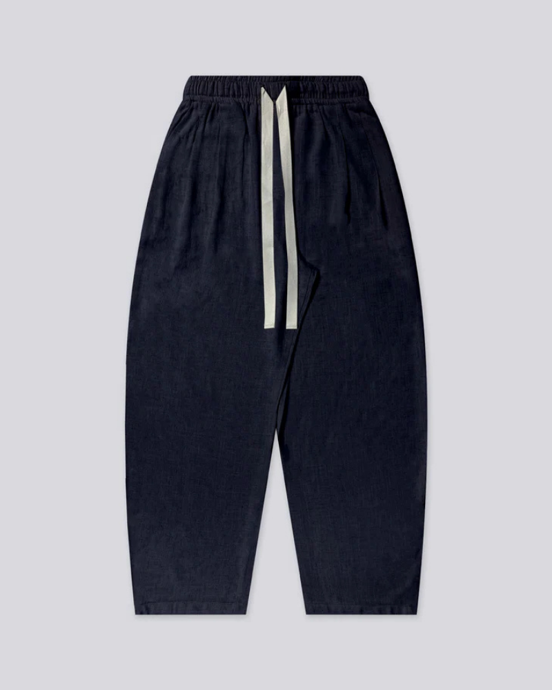 Navy Blue Wide-Leg Trousers with Elastic Waist and Contrast Drawstring