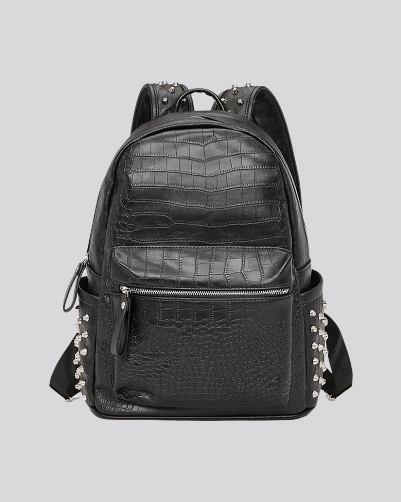 Black Faux Leather Backpack with Crocodile Texture and Rivet Studs