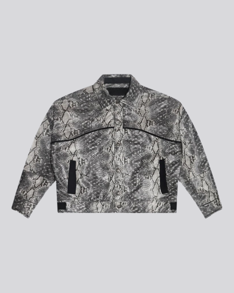 Snakeskin Pattern Vegan Leather Jacket with Contrast Piping and Front Pockets