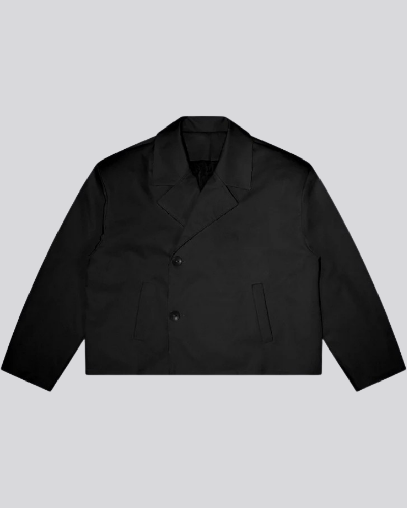 Black Cropped Trench Coat with Raw Hem and Double-Button Closure