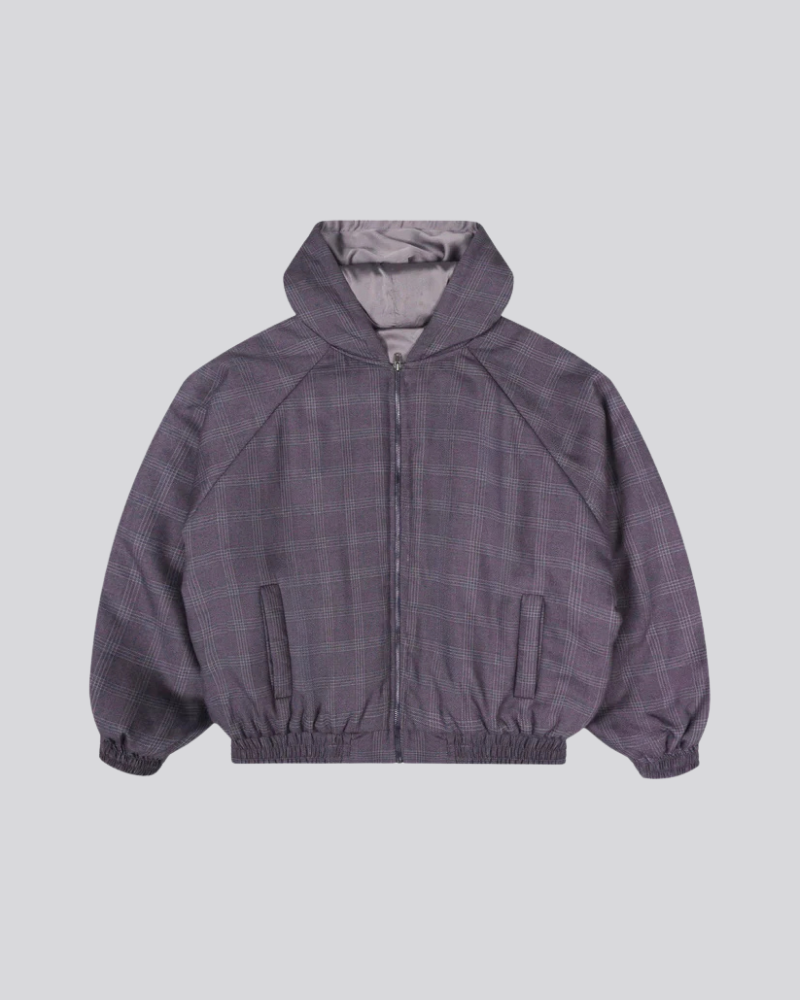 Women's Dark Gray Tartan Hooded Jacket with Full-Zip Front