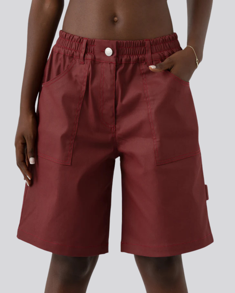 Maroon Heavyweight Bermuda Shorts with Elastic Waist and Utility Pockets