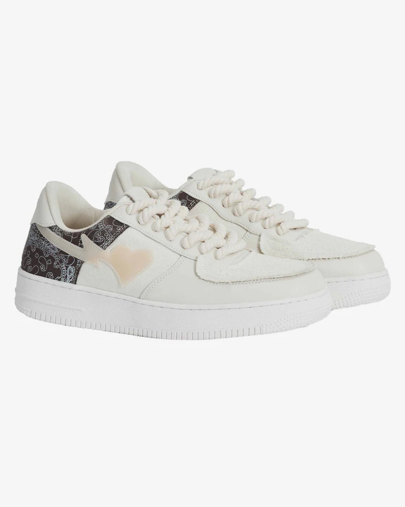 Men's Cream Low-Top Sneakers with Paisley Heel Panel and Rope Laces