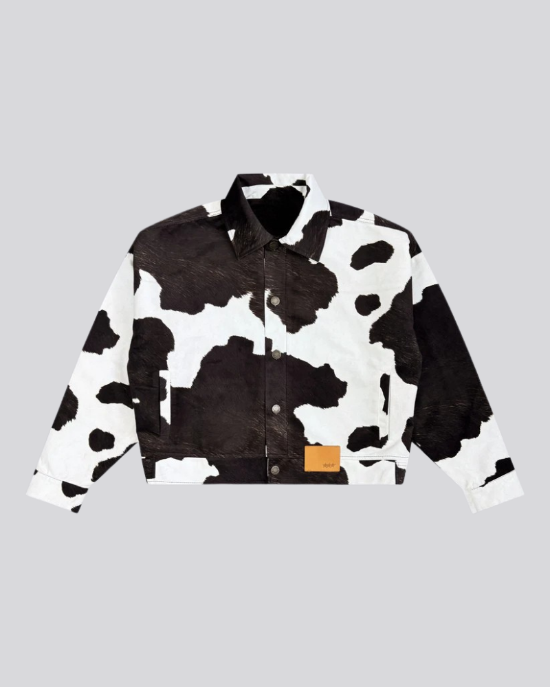Cow Print Trucker Jacket with Textured Finish and Metal Hardware