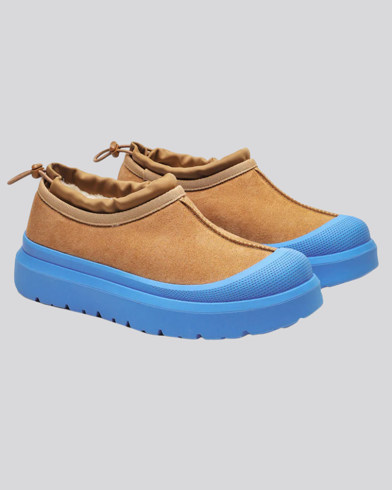 Brown Slip-On Ankle Boots with Thick Blue Rubber Sole and Fleece Lining
