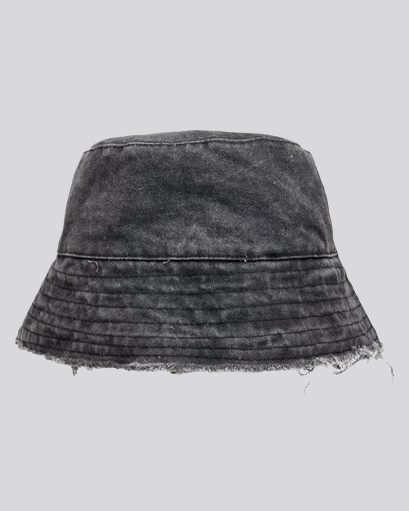 Black Ripped Denim Bucket Hat with Raw Frayed Edges