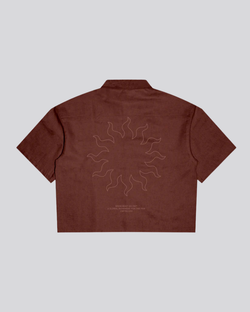 Men's Short-Sleeve Button-Up Shirt - Brown Textured Fabric with Back Sun Graphic