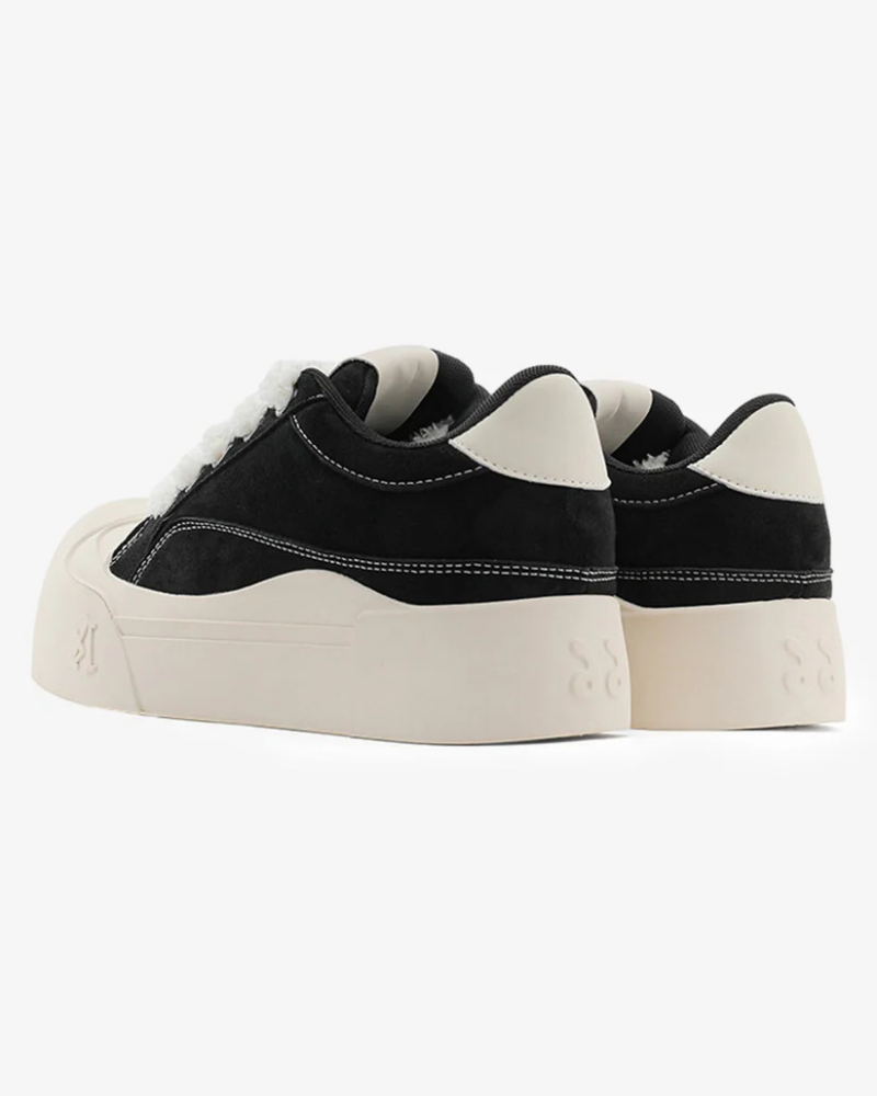 Black Suede-Textured Platform Sneakers with Exaggerated Bulbous Toe and Fluffy Laces