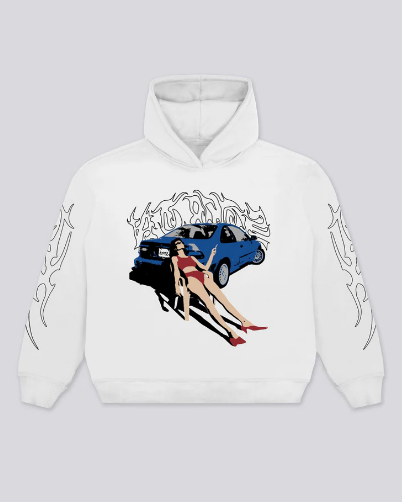 Off-White Unfazed Graphic Hoodie with Car Illustration and Sleeve Designs