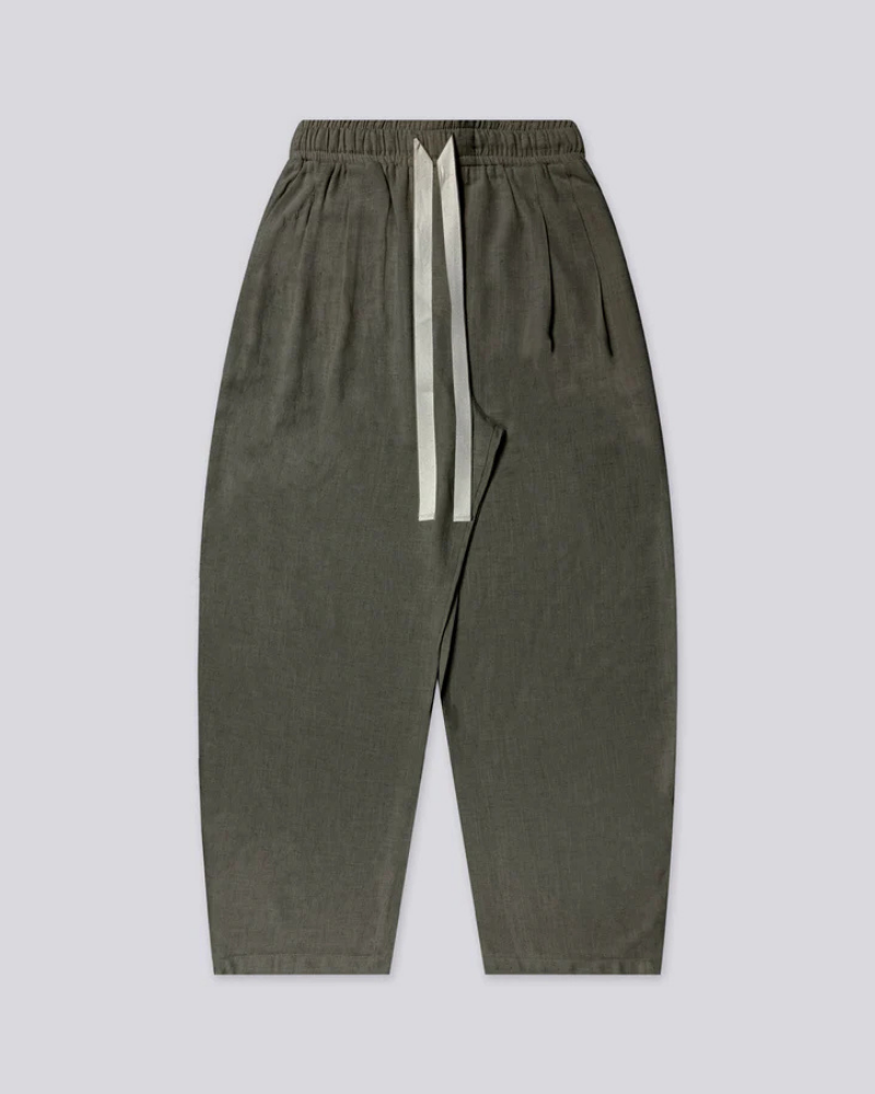 Olive Green Wide-Leg Trousers with Elastic Waist and Contrast Drawstring