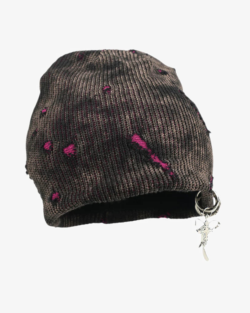 Distressed Knit Beanie with Metallic Charms and Contrast Details