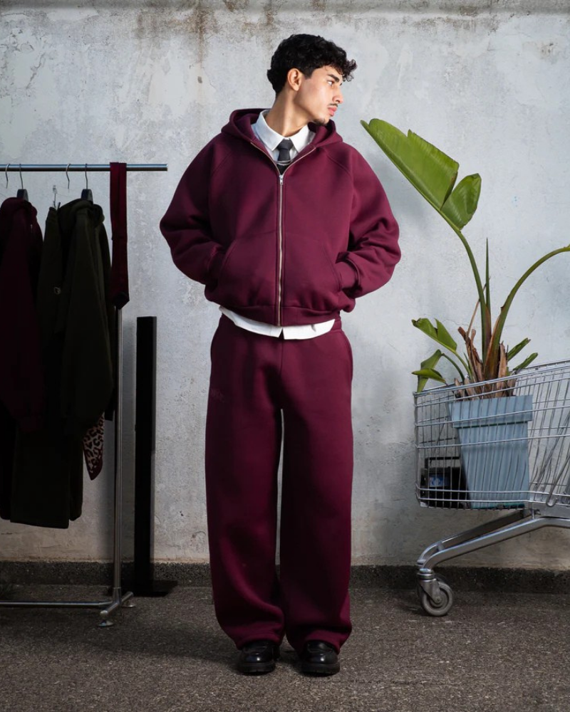 Men’s Burgundy Raglan Zip-Up Hoodie with Kangaroo Pockets
