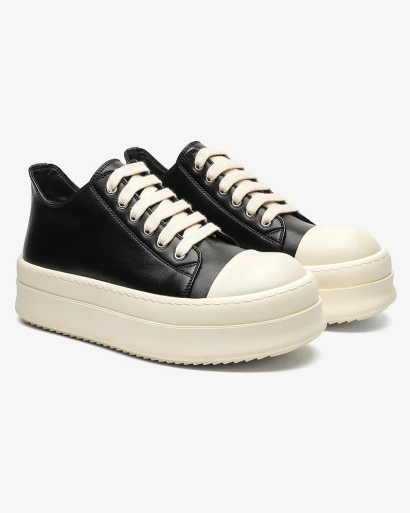 Black Low-Top Chunky Platform Sneakers with Cream Bulbous Toe Cap