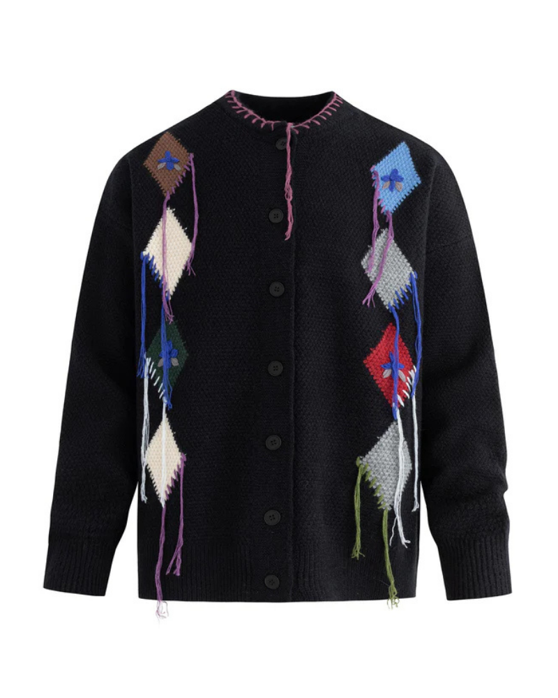 Black Textured Knit Cardigan with Diamond Patchwork and Fringe Details
