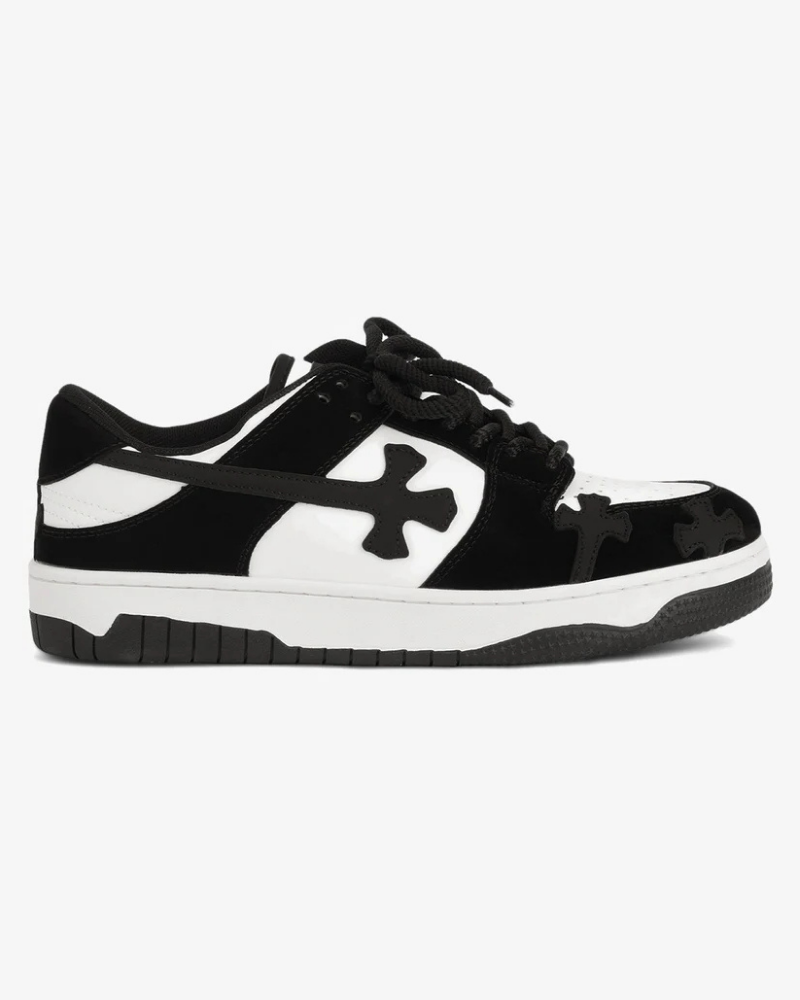 Black and White Low-Top Sneakers with Cross Applique Details