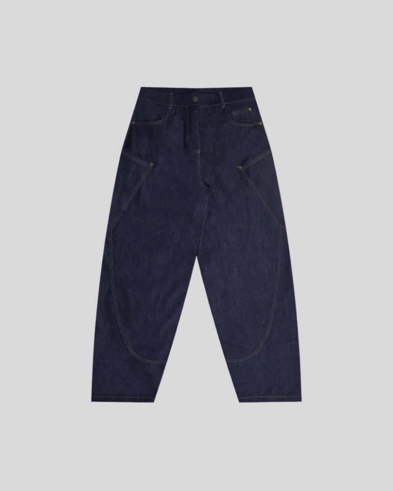 Baggy Raw Denim Pants - Dark Blue with Contrast Stitching and Oversized Pockets