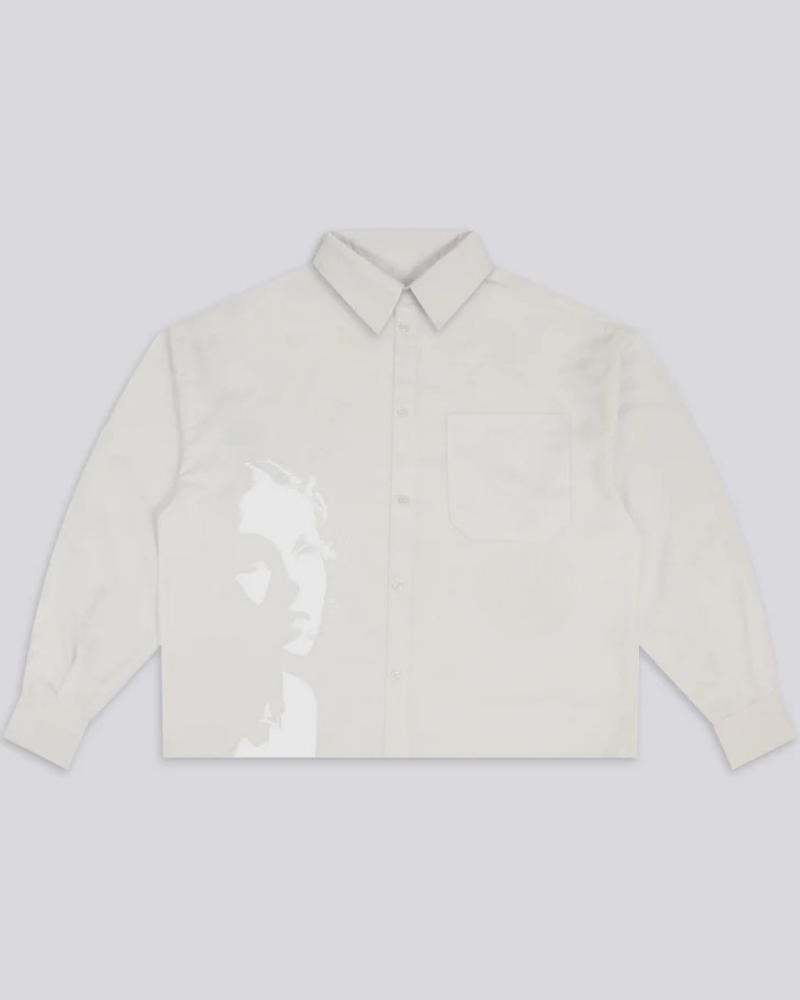 Heavyweight Oversized Button-Up Shirt with Graphic Print - Light Greige