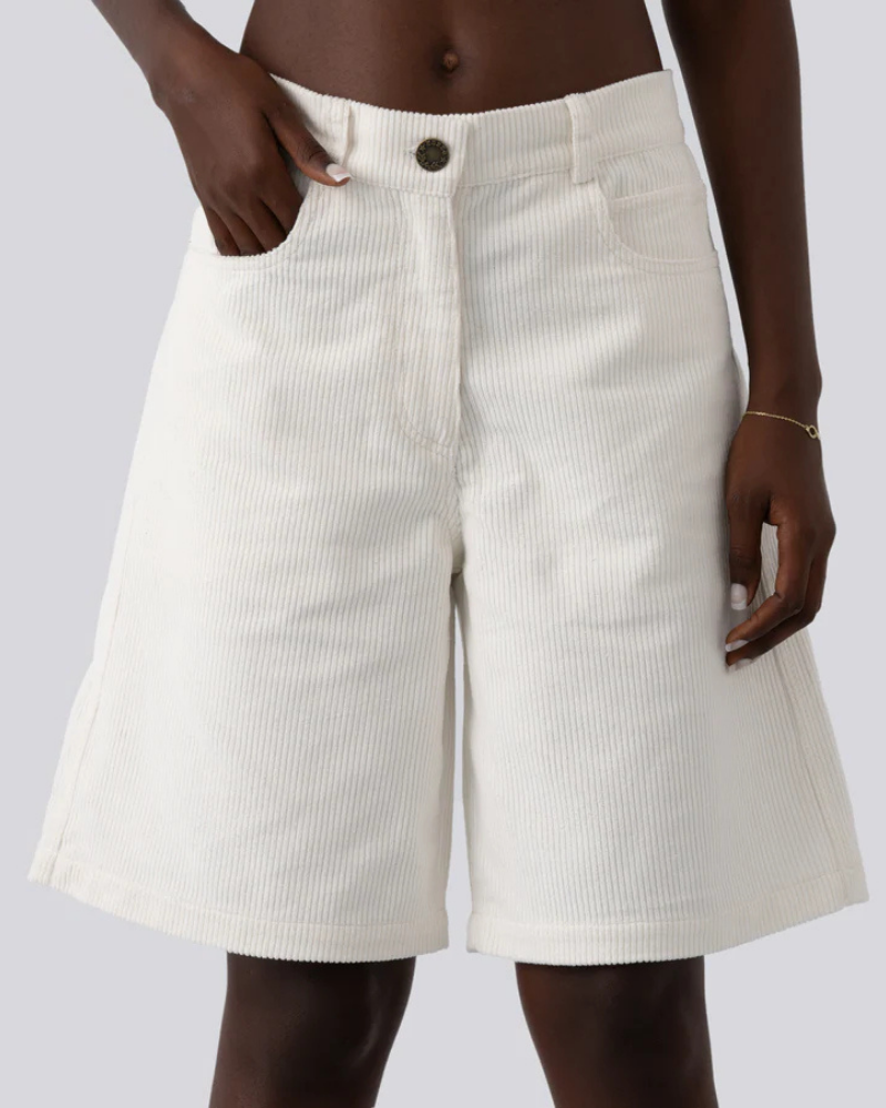 Cream White Heavyweight Corduroy Jorts with Five-Pocket Styling