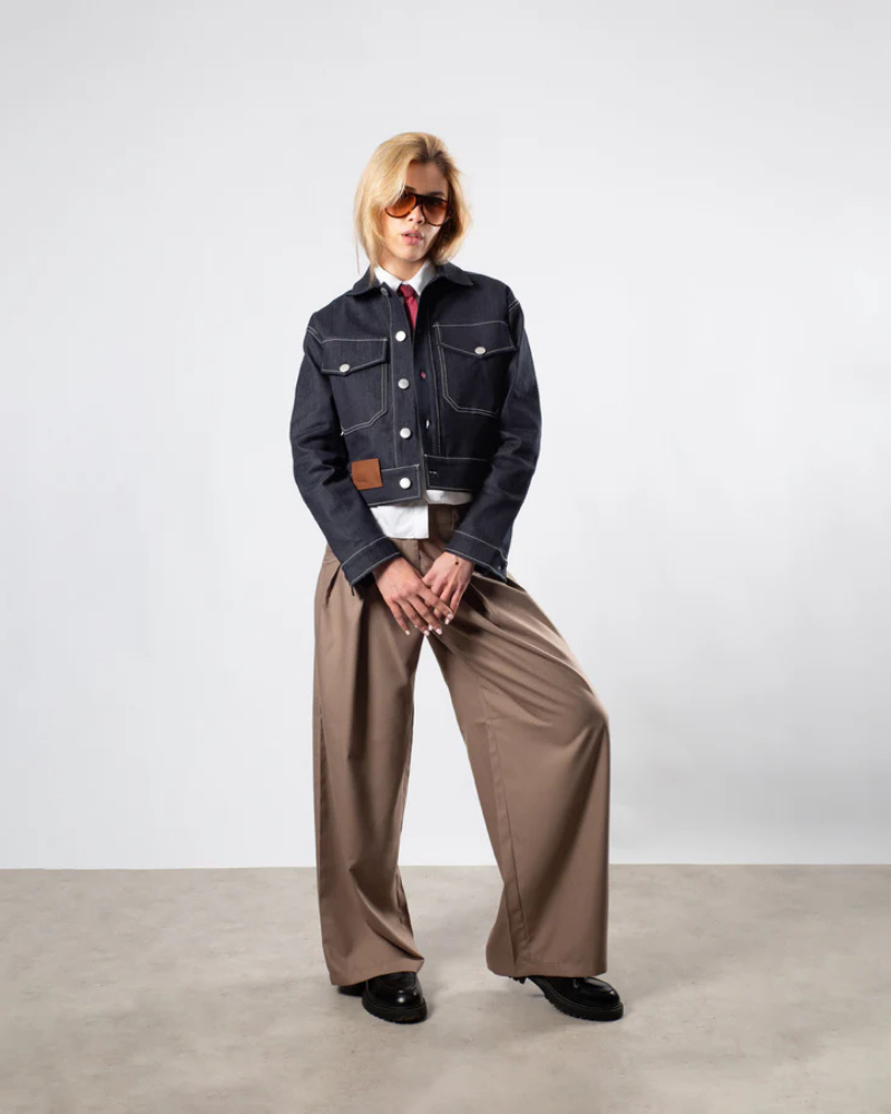 Women's Cropped Raw Denim Jacket - Dark Blue with Contrast Stitching