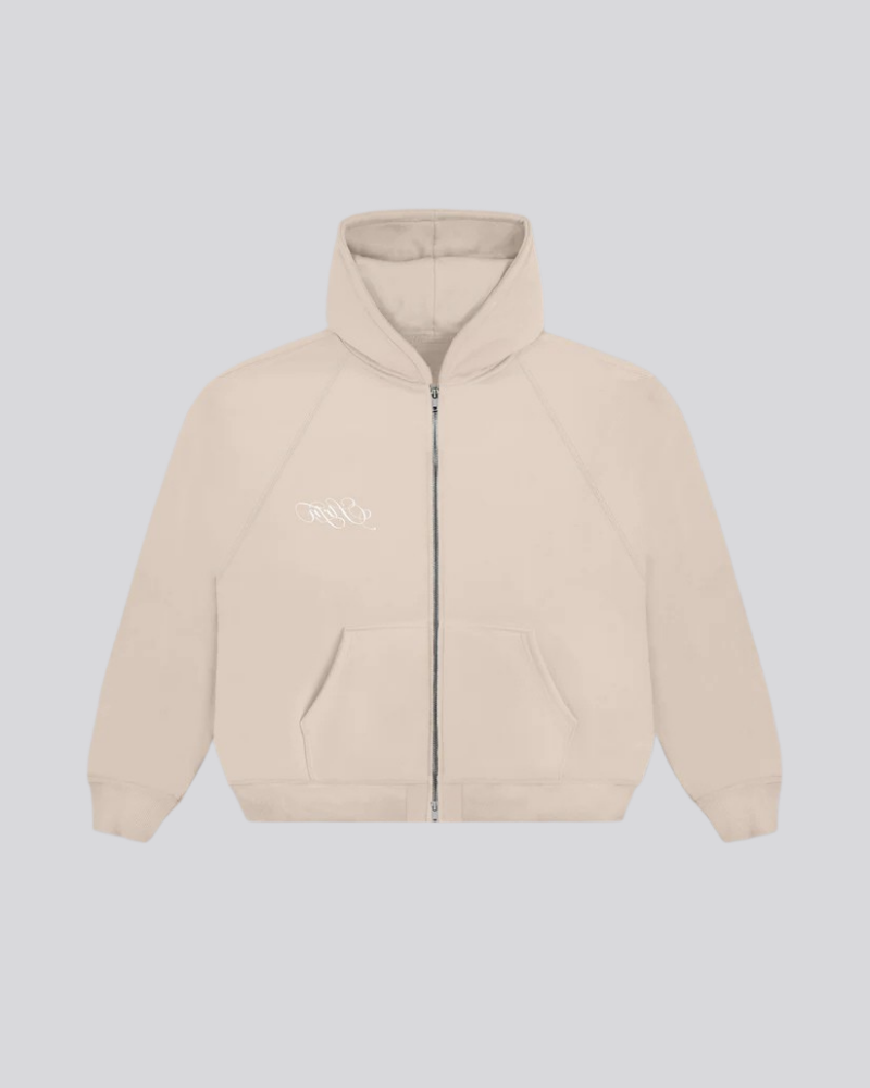 STRTN Cream Zip-Up Hoodie with Raglan Sleeves and Embroidered Logo