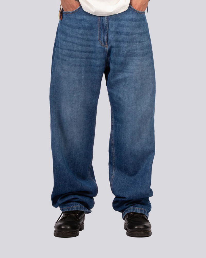 Blue Denim Wide Leg Jeans with Five-Pocket Design and Metal Button Closure