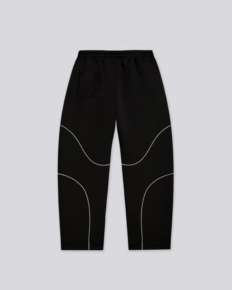 Black Relaxed-Fit Trousers with White Contrast Piping and Elastic Waist