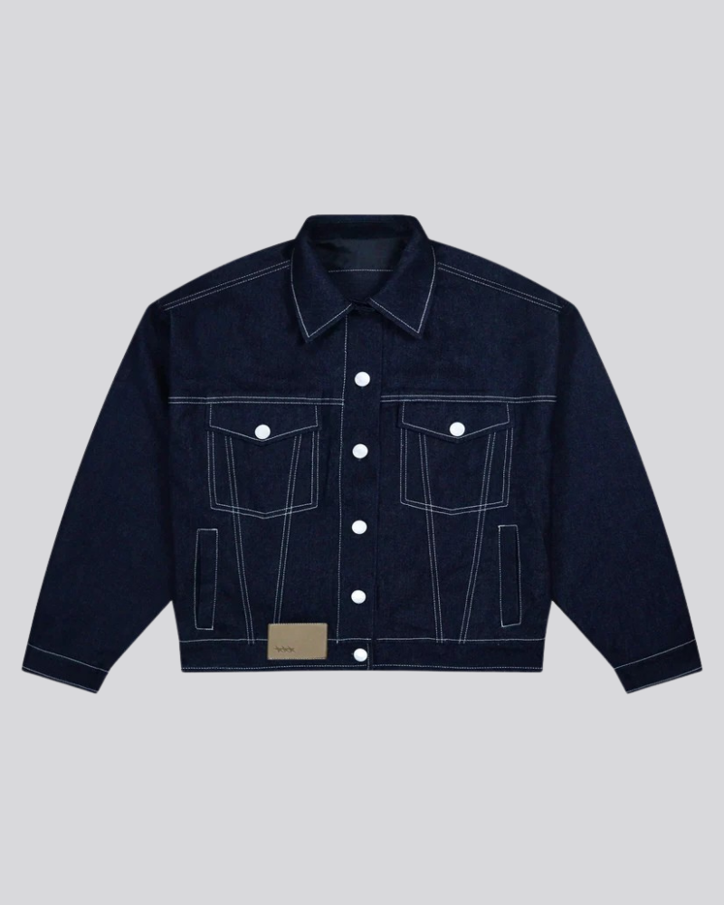 Raw Denim Trucker Jacket - Dark Blue with Contrast Stitching and Chest Pockets