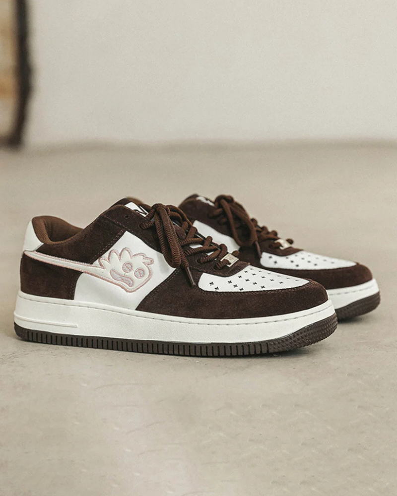 Dark Brown and White Low-Top Sneakers with Rope Laces and Embroidered Graphic