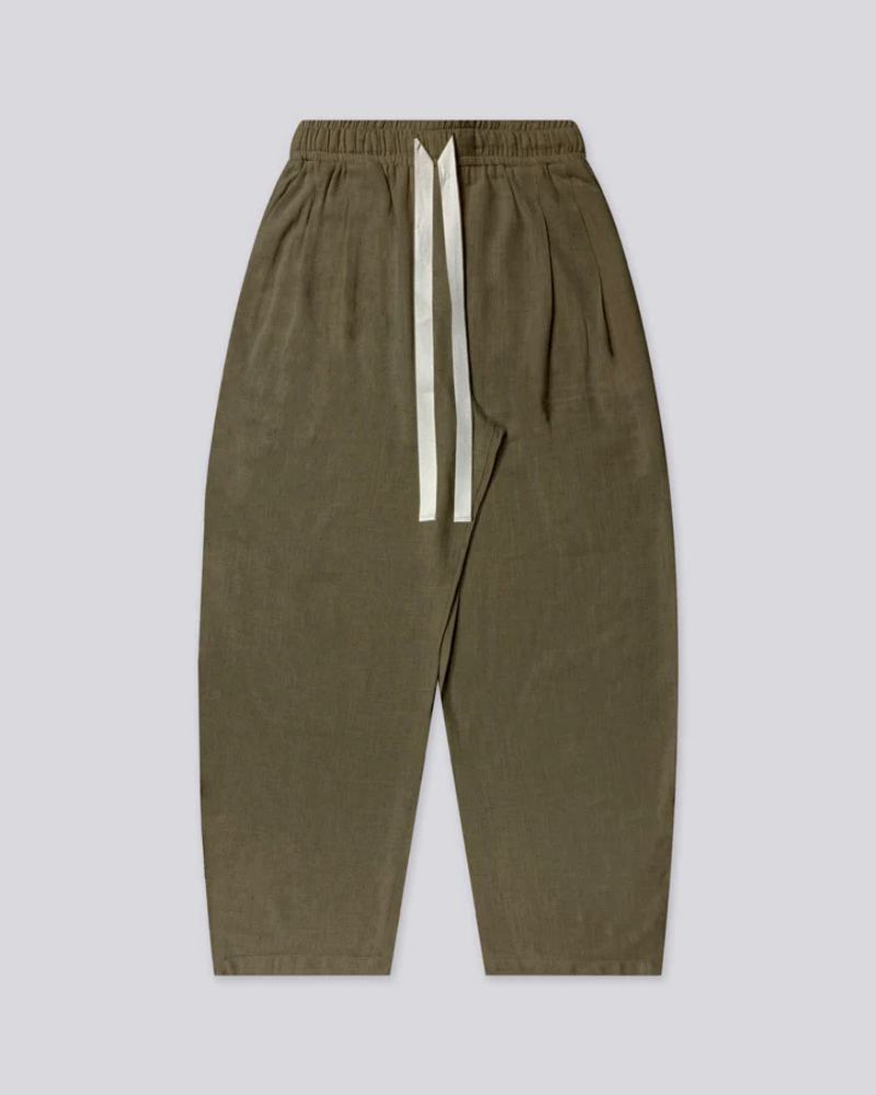 Olive Green Wide-Leg Trousers with Elastic Waist and Contrast Drawstring