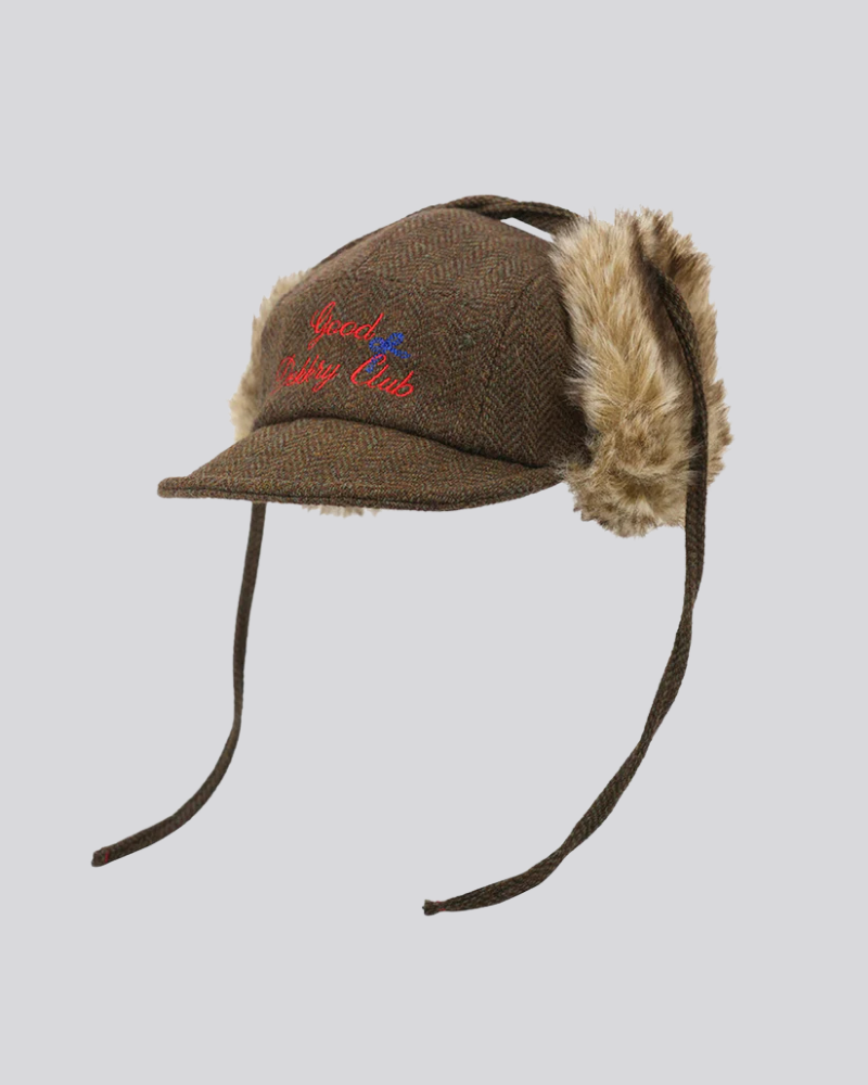 Brown Herringbone Tweed Cap with Faux Fur Ear Flaps and Embroidery