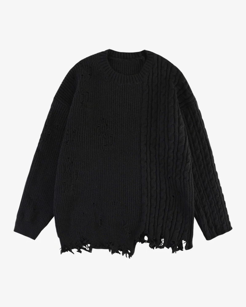 Distressed Cable Knit Polo Sweater with Open Stitch Detail