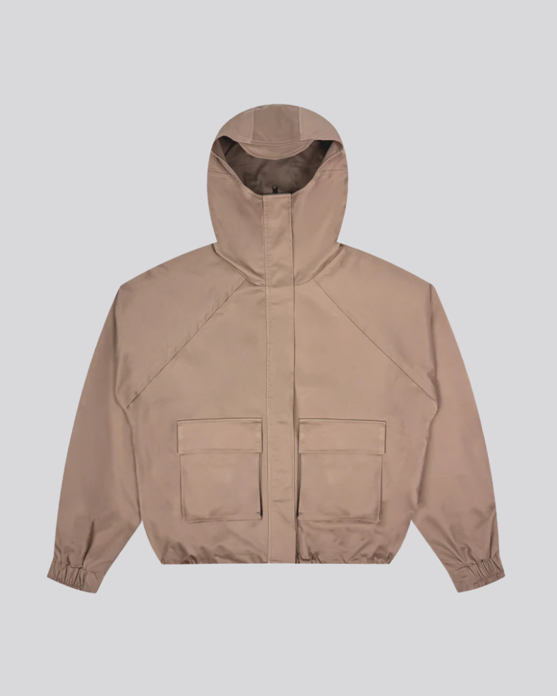 Unisex Tobacco Brown Tactical Hooded Jacket with Large Front Cargo Pockets