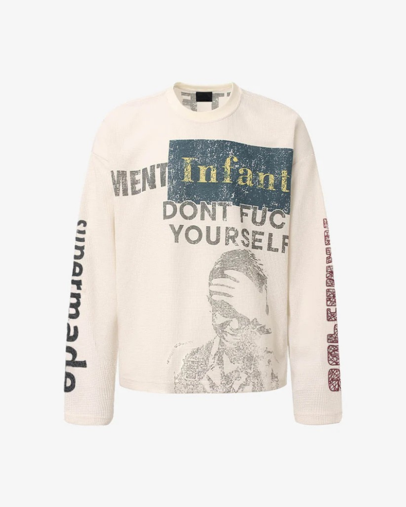 Beige Waffle Knit Crewneck Sweatshirt with Vintage Emblem Graphic