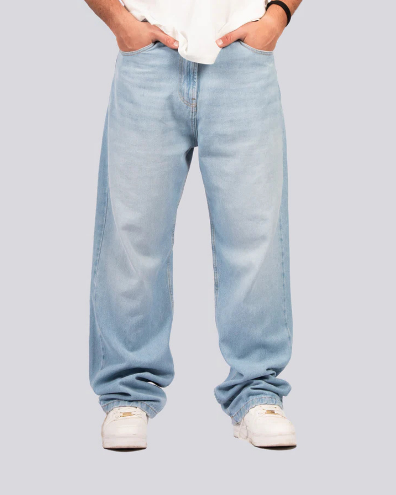 Light Blue Denim Wide Leg Jeans with Gold Contrast Stitching and Metal Button Closure
