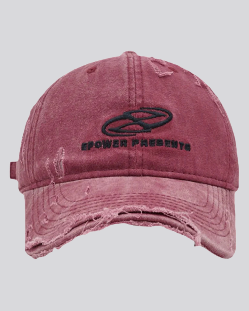 Distressed Washed Baseball Cap with Embroidered Graphic and Ripped Brim