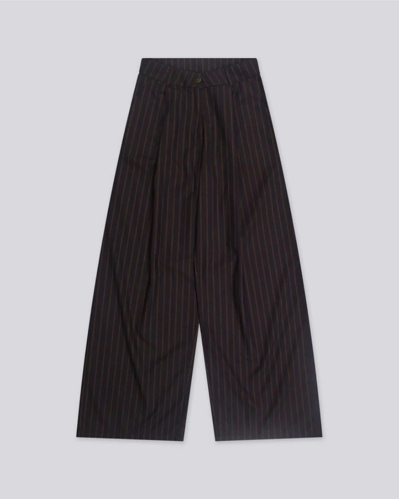 Mocha High-Waist Pleated Pinstripe Trousers with Straight-Leg Fit
